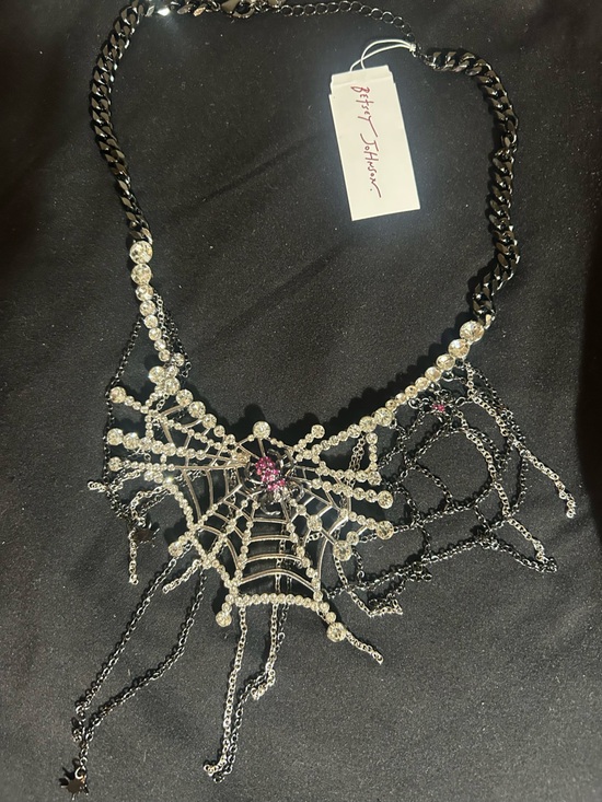 Betsey Johnson Jewelry - Betsey Johnson Black and Clear Spiderweb Necklace with Pink Accent